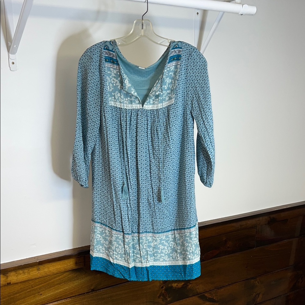 Old Navy Boho 3/4 Sleeve Teal Dress‎ with White Floral Design- S